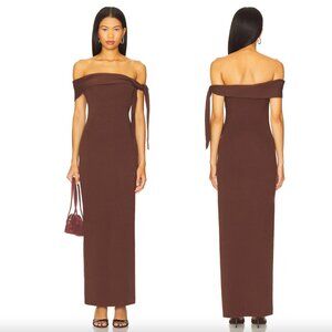 NEW SNDYS Jaymes Maxi Dress in Chocolate Brown Off Shoulder Formal Cotton